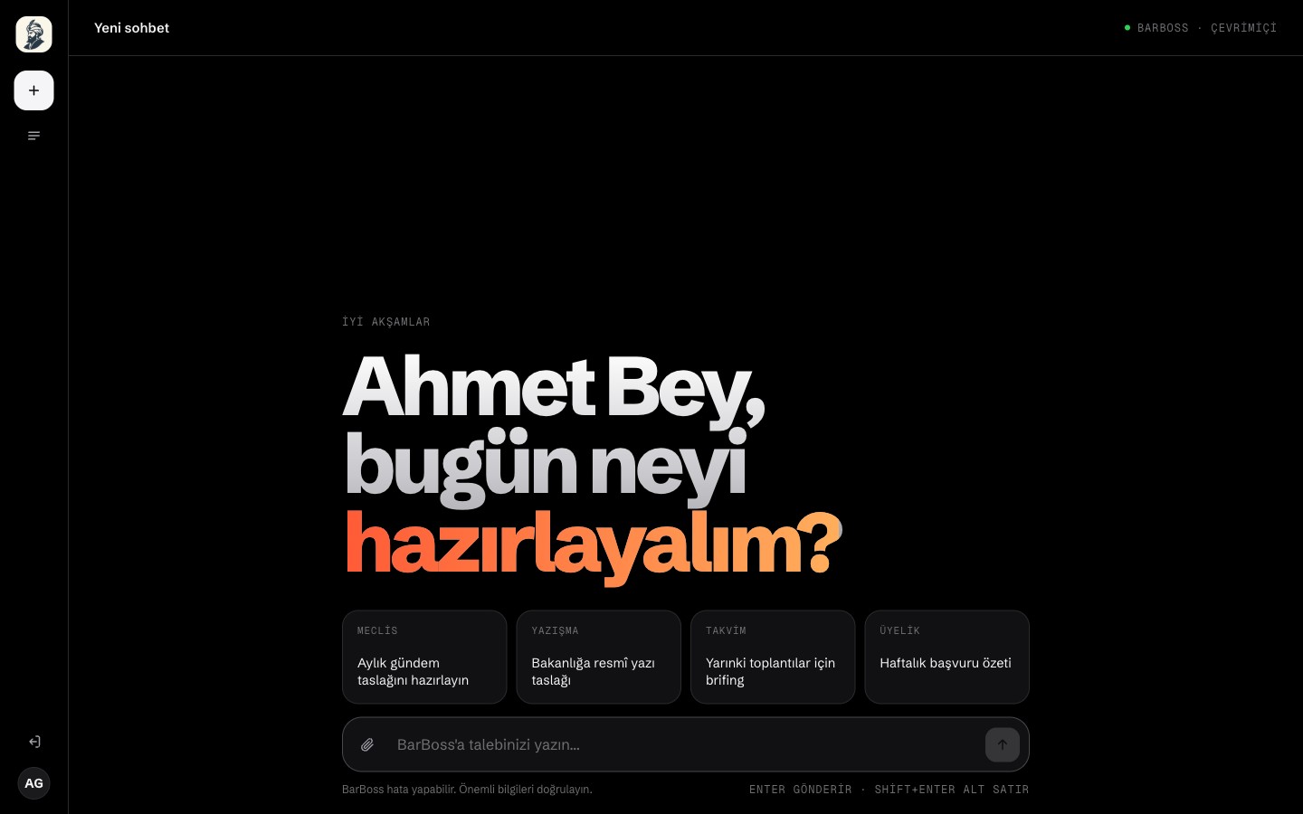 Gece arayüzü karşılama ekranı